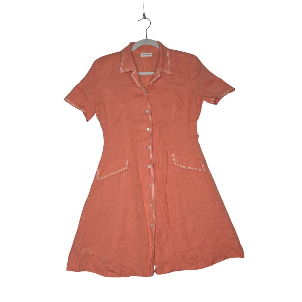Vintage Coral Orange Linen Button Front Shirt Dress S/M? Contrast Stitch Retro!